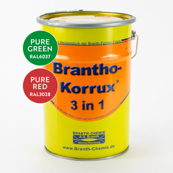 Brantho-Korrux 3 in 1 direct to metal paint in Pure Green RAL 6037 and Pure Red RAL 3028 5L tins